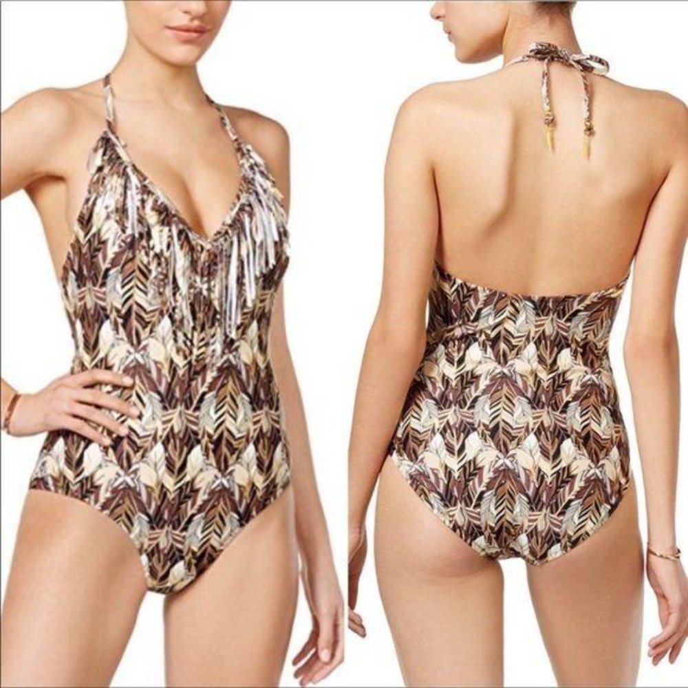 Jessica Simpson Feather-Print Fringe One-Piece L